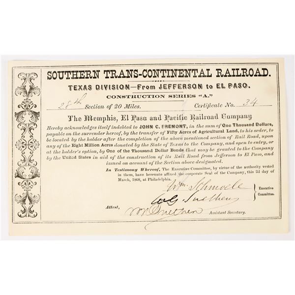 Southern Trans-Continental Railroad Construction Stock Signed by John C. Fremont, 1868 [198052]