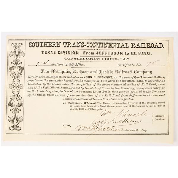 Southern Trans-Continental Railroad Construction Stock Signed by John C. Fremont, 1868 [198053]