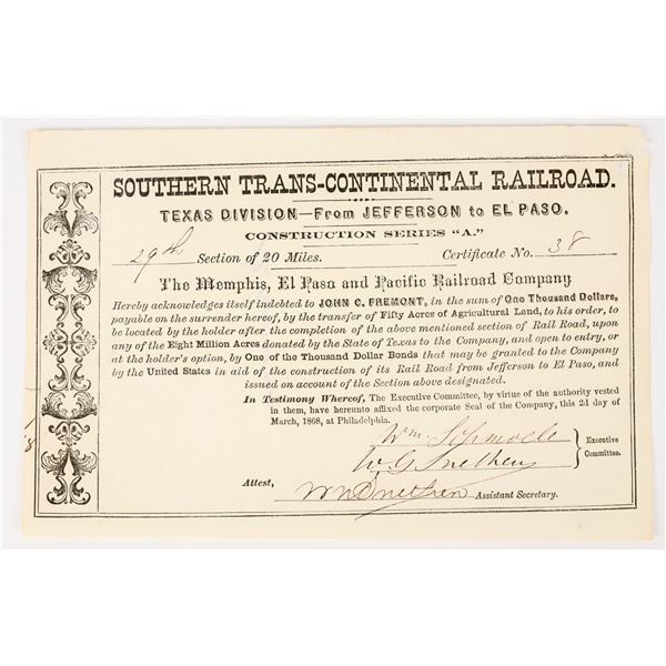 Southern Trans-Continental Railroad Construction Stock Signed by John C. Fremont, 1868 [198054]