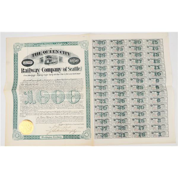 Queen City Railway Company of Seattle $1,000 Bond, 1889 [198103]