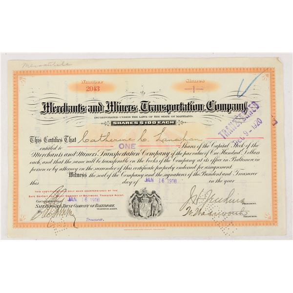 Merchants and Miners Transportation Company Stock Certificate, 1918 [207362]