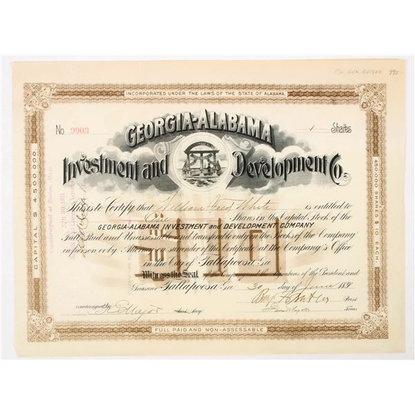 Georgia-Alabama Investment & Development Co. Stock Signed by Governor Benj. Butler [206927]