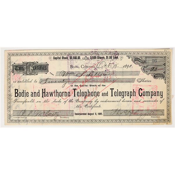 Bodie & Hawthorne Telephone & Telegraph Co. Stock Certificate, 1892 [200838]