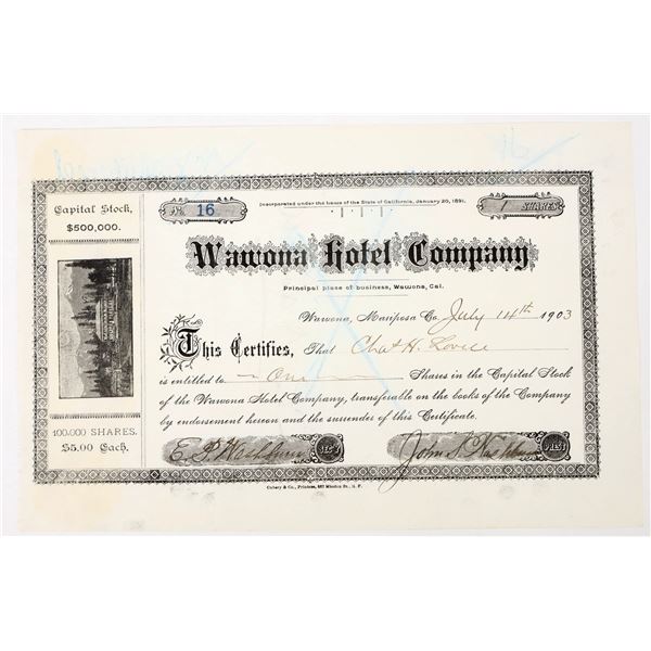 Wawona Hotel Company Stock Certificate, Yosemite, 1903 [197994]
