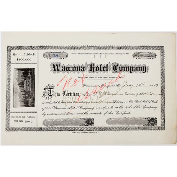 Wawona Hotel Company Stock Certificate, Yosemite, 1903, for 49,999 shares [197995]