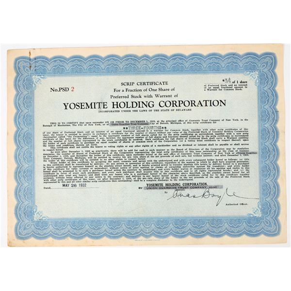 Yosemite Holding Corporation Stock Certificate, 1932 [198033]