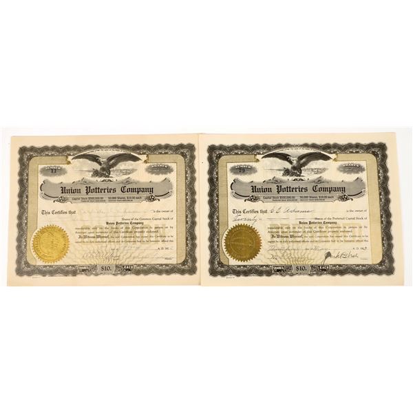 Union Potteries Company Stock Certificates  c. 1923 (2) [206344]