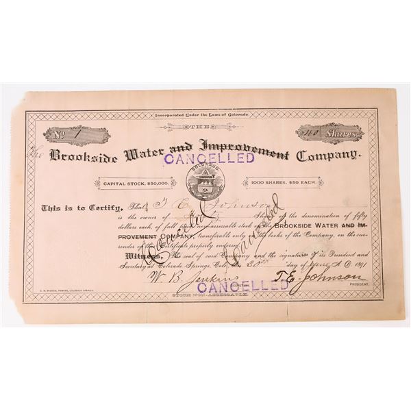 Brookside Water & Improvement Co. Stock Certificate #1, 1891 [198059]
