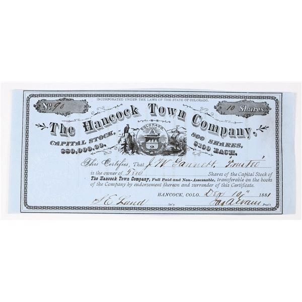 Hancock Town Company Stock Certificate, 1881, Chafee County, Colorado Ghost Town [198058]
