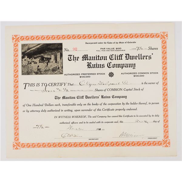 Manitou Cliff Dwellers' Ruins Company Stock Certificate [198035]