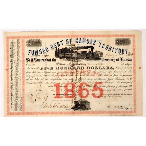 Territory of Kansas Bond 1859 Signed by Governor Medary [205892]
