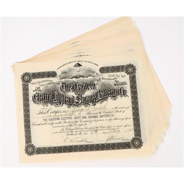 Eastern Electric Light Bulb and Storage Battery Company Stock Certificates c. 1895 (20) [206342]