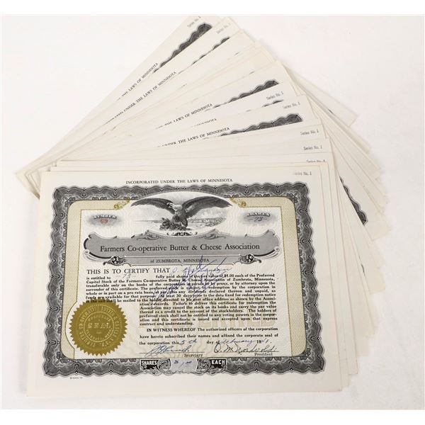 Farmer's Co-Operative Butter & Cheese Association  Stock Certificates (25) [205617]