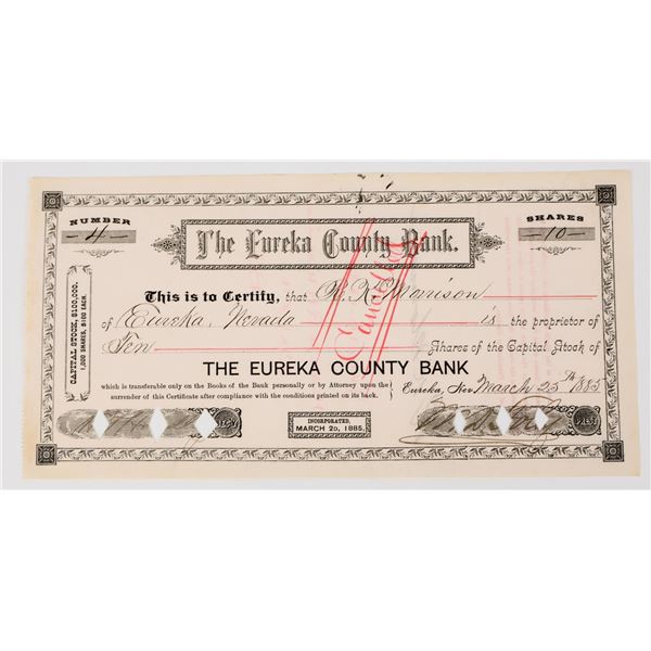 Eureka County Bank Stock Certificate, #4 Issued, 1885 [198057]