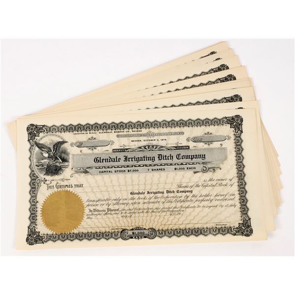 Glendale Irrigating Ditch Company Unissued Stock Certificates c.1878 (12)  [206336]