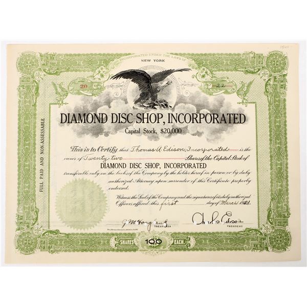 Diamond Disc Shop Stock Issued to Thomas A. Edison Inc. Signed by Charles Edison [206928]