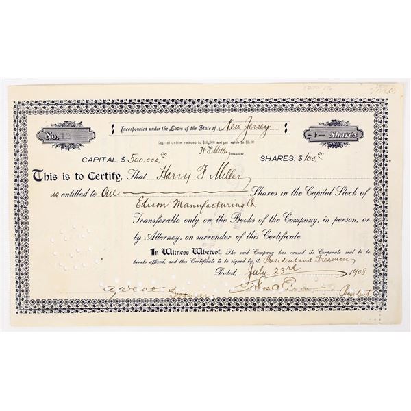 Edison Manufacturing Company Stock Signed by Thomas Edison [206926]