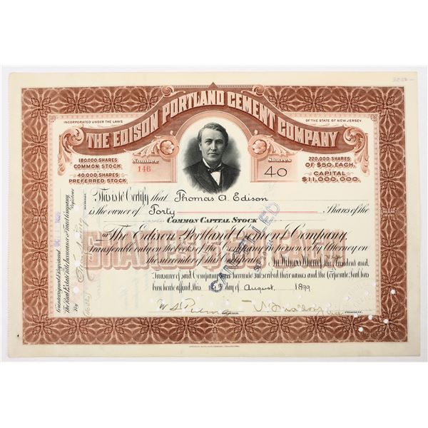 Edison Portland Cement Co. Stock Issued to & Signed by Thomas Edison [206907]