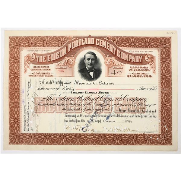 Edison Portland Cement Co. Stock Issued to & Signed by Thomas Edison [206908]