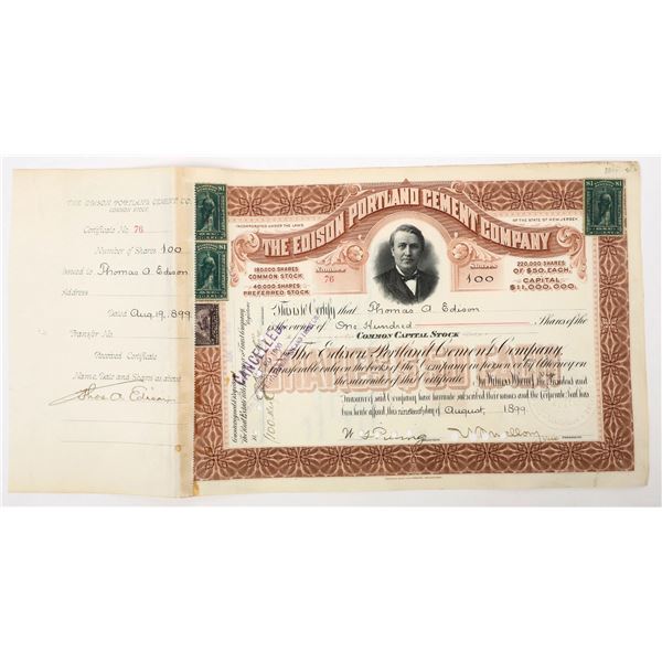 Edison Portland Cement Co. Stock Issued to & Signed Twice by Thomas Edison [206925]
