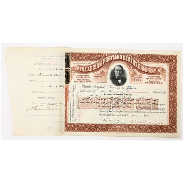 Edison Portland Cement Co. Stock Signed Three Times by Thomas Edison [206914]