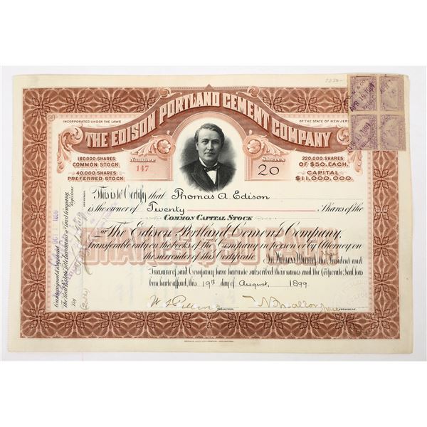 Edison Portland Cement Company Stock Issued to & Signed by Thomas Edison [206916]