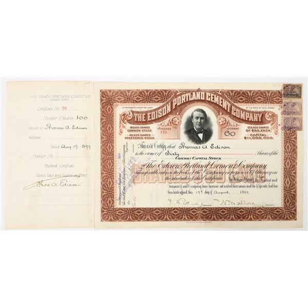 Edison Portland Cement Company Stock Issued to Thomas Edison, Plus Signed Stub [206915]