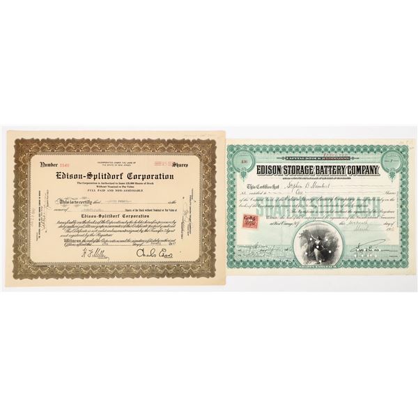 Edison Storage Battery Co. Stock Signed by Thomas Edison, Plus Chas. Edison Stock [206911]