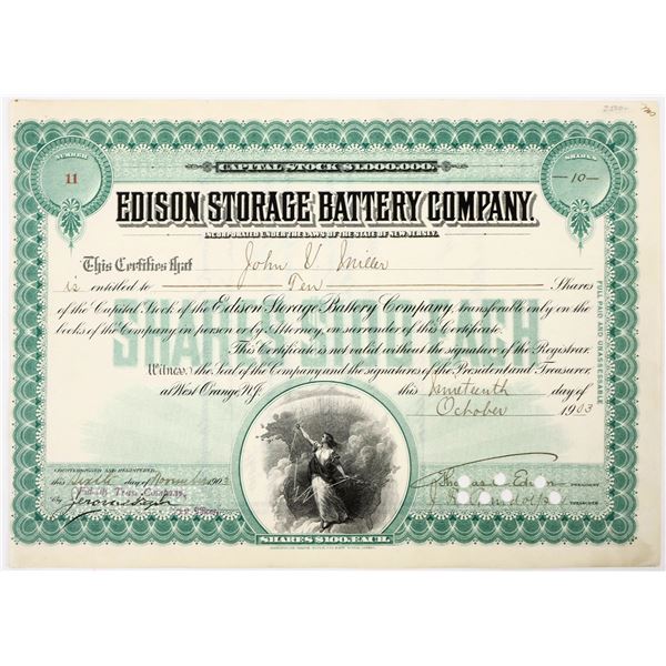 Edison Storage Battery Co. Stock Signed by Thomas Edison, Transferred to His Wife [206912]