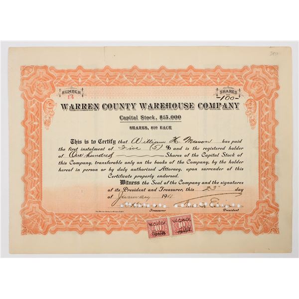 Warren County Warehouse Company Stock Signed by Thomas Edison [206924]