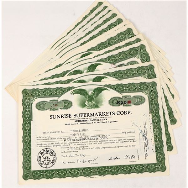 Sunrise Supermarket Corp. Stock Certificates 1953 (13) [205607]