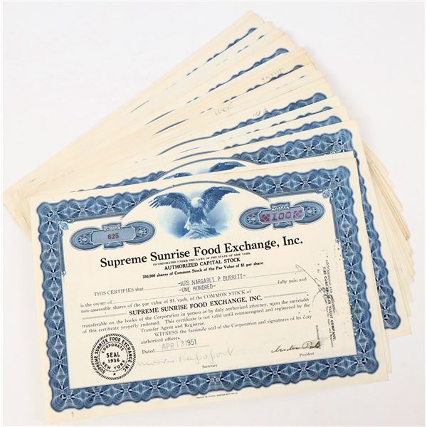 Supreme Sunrise Food Exchange Stock Certificates (40) [206945]