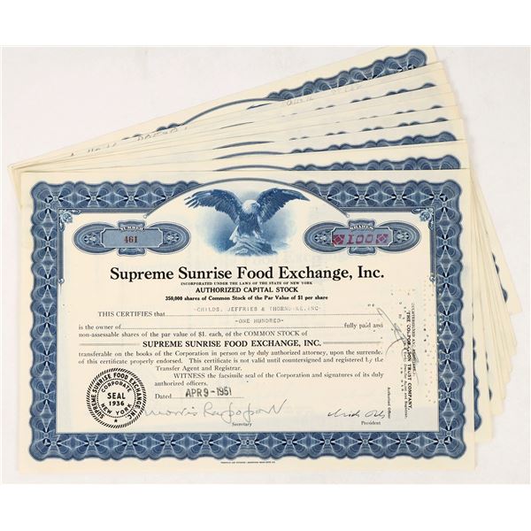 Supreme Sunrise Food Exchange Stock Certificates c. 1951 (8) [205608]