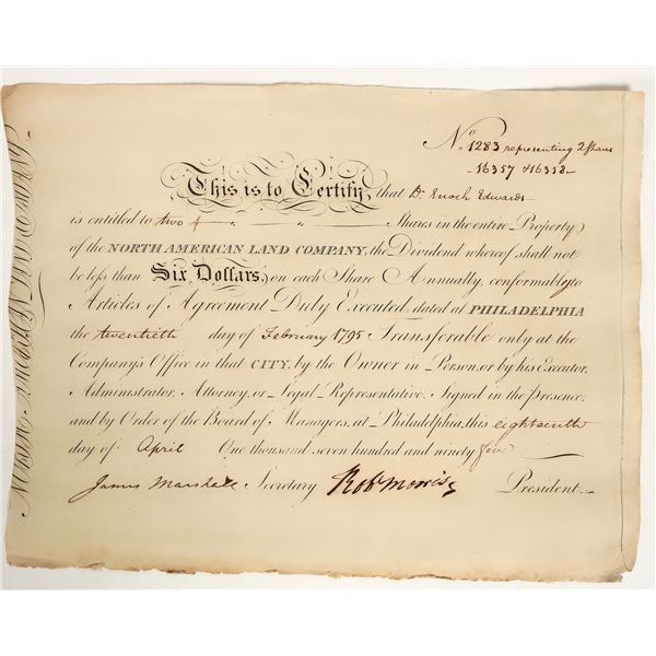 North American Land Company Stock Signed by Founding Father Robert Morris, Uncancelled [199266]