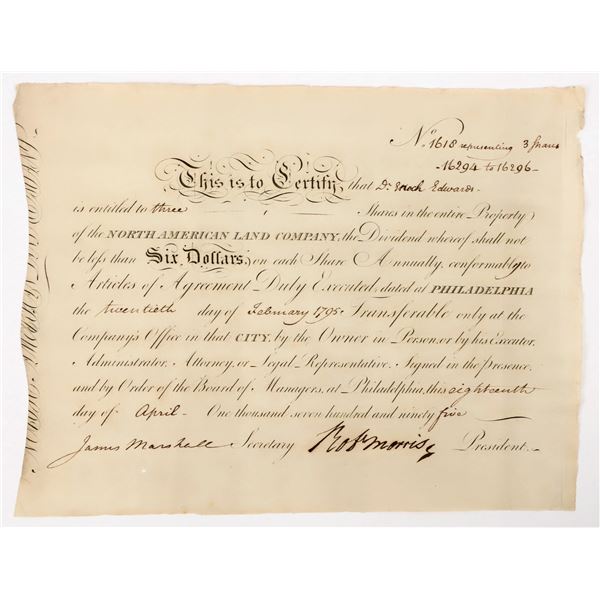 North American Land Company Stock Signed by Founding Father Robert Morris, Uncancelled [206920]