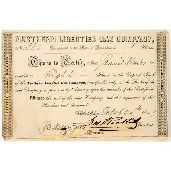 Northern Liberties Gas Company Stock Certificate, 1849 [197981]