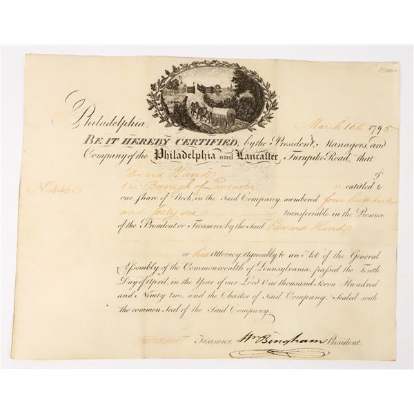 Philadelphia & Lancaster Turnpike Road Stock Certificate, 1795 [197949]