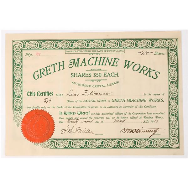 Greth Machine Works Stock Certificate [197978]
