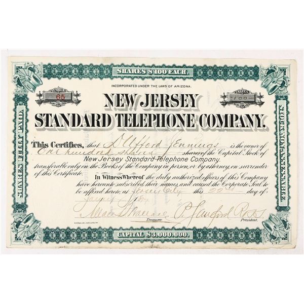 New Jersey Standard Telephone Co. Stock Certificate, 1897 [207363]