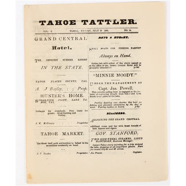 Tahoe Tattler Newspaper, Vol. 1, No. 14, 1881 (Lake Tahoe, California) [198159]