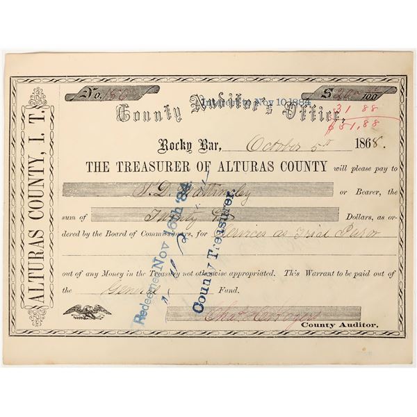 County Auditor's Office Warrant, Alturas Co., Rocky Bar, Idaho Territory, 1868 [204529]