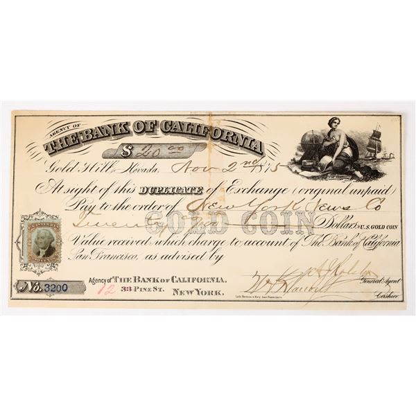 Bank of California, Gold Hill. Nevada Exchange for Gold Coin, 1875 [198161]