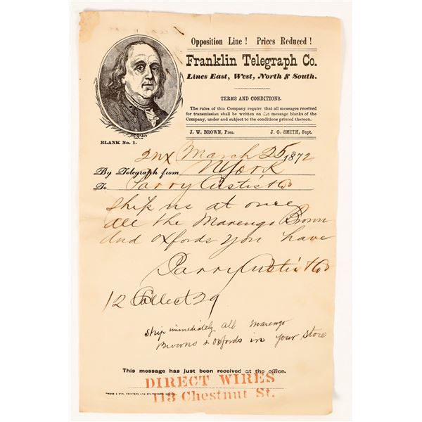 RARE: Franklin Telegraph Co. Message Receipt No. 1 [203621]