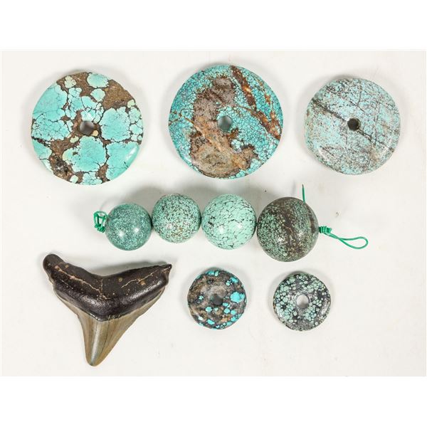 Turquoise Disk or Donut Beads, Spheres and Megalodon Tooth  [205072]