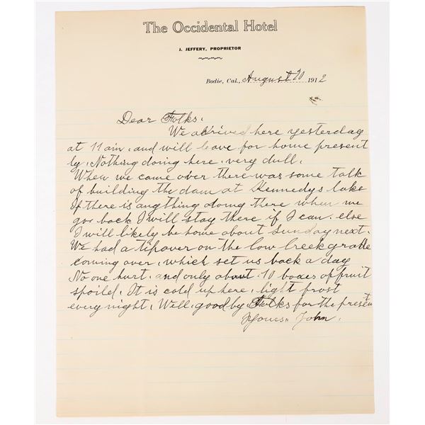 Occidental Hotel, Bodie, California Letterhead, 1912 (Tie to Bodie Seltzer Bottle) [206511]