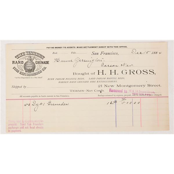 Harden Fire Hand Grenades Pictorial Billhead to Virginia & Truckee Railroad, 1884 [206666]