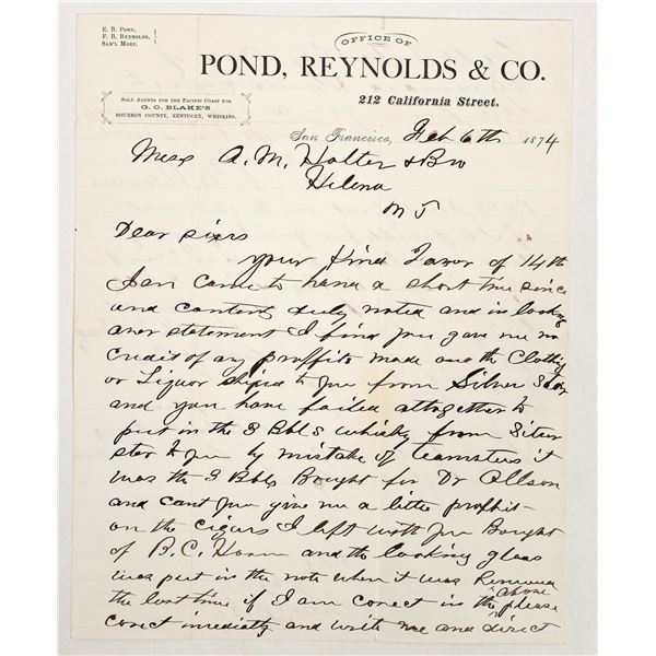 1874 Letter Regarding Embossed Western Whiskey Bottles. [206497]