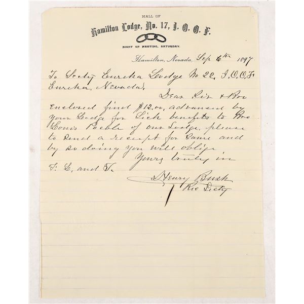 Hamilton Lodge Letterhead Signed by Henry Bush (Nevada Hutch Soda Related) [207349]
