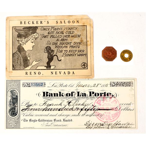 Becker's Saloon Reno, Nevada Whiskey Ephemera [206533]