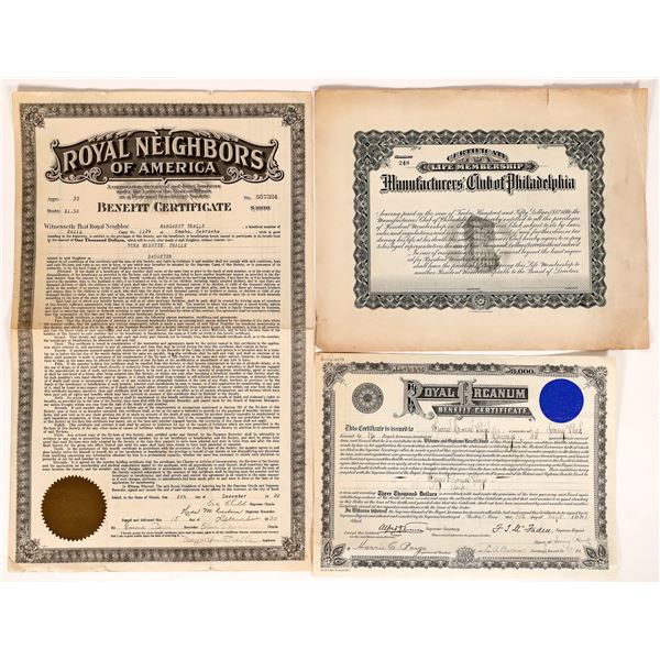 Fraternal Organizations Membership Certificates (3) [175036]